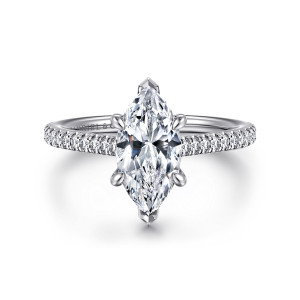 Gabriel & Co. ER16131M6W44JJ 14 karat white gold Classic engagement ring, front view of a marquise center with V shaped tips at both points and diamonds beside the head