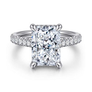 Gabriel & Co. ER16131N18W44JJ 14 karat white gold Classic engagement ring, front view of a radiant cut center with four claw prongs and scalloped stones beside it