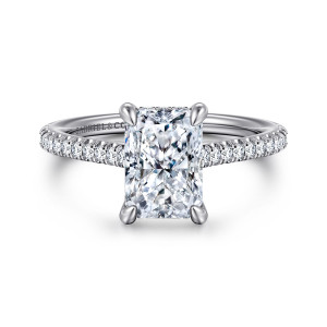 Gabriel & Co. ER16131N8W44JJ 14 karat white gold Classic engagement ring, front view of a rectangular radiant cut center with four rounded prongs and diamonds on the band