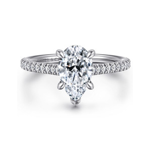Gabriel & Co. ER16131P6W44JJ 14 karat white gold Classic engagement ring, front view of a pear shaped center with a pointed prong at its narrow tip