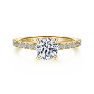 Gabriel & Co. ER16131R4Y44JJ 14 karat yellow gold Classic engagement ring, front view of a round center with teardrop prongs and diamonds running up both shoulders