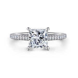 Gabriel & Co. ER16131S6W44JJ 14 karat white gold Classic engagement ring, front view of a princess cut center in rounded corner prongs with small diamonds along the band