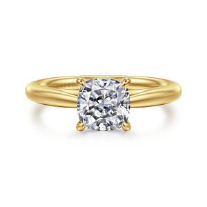 Gabriel & Co. ER16132C6Y4JJJ 14 karat yellow gold Classic engagement ring, front view of a cushion center held by four rounded prongs above a smooth band