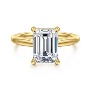 Gabriel & Co. ER16132E12Y4JJJ 14 karat yellow gold Classic engagement ring, front view of a rectangular center held by four rounded prongs on a smooth band