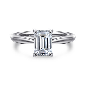 Gabriel & Co. ER16132E6W4JJJ 14 karat white gold Classic engagement ring, front view of an emerald cut center held by four rounded claw prongs