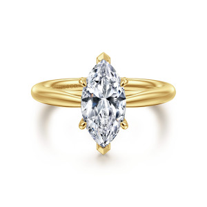 Gabriel & Co. ER16132M6Y4JJJ 14 karat yellow gold Classic engagement ring, front view of a marquise center with pointed V tips at each end and paired side claws
