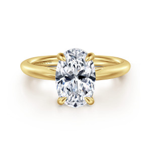 Gabriel & Co. ER16132O8Y4JJJ 14 karat yellow gold Classic engagement ring, front view of the tall oval seat with four tapered prongs and a smooth band