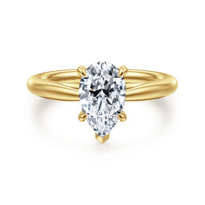 Gabriel & Co. ER16132P6Y4JJJ 14 karat yellow gold Classic engagement ring, front view of a pear shaped center held by rounded prongs and a pointed tip prong