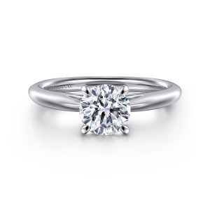 Gabriel & Co. ER16132R4W4JJJ 14 karat white gold Classic engagement ring, front view of a round center held by four slim prongs on a smooth polished band
