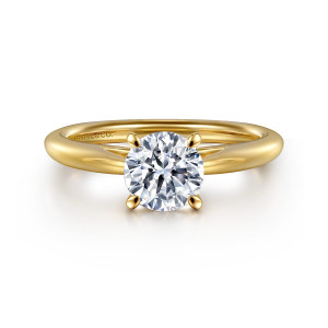 Gabriel & Co. ER16132R4Y4JJJ 14 karat yellow gold Classic engagement ring, front view of a round center held by four rounded prongs on a plain tapered band