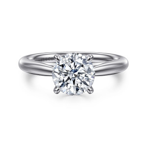 Gabriel & Co. ER16132R6W4JJJ 14 karat white gold Classic engagement ring, front view of a round center in four rounded prongs on a smooth band