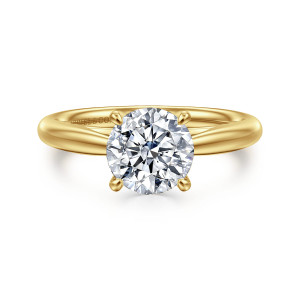 Gabriel & Co. ER16132R6Y4JJJ 14 karat yellow gold Classic engagement ring, front view of a round center held by four prongs above a smooth plain band