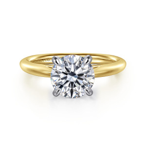 Gabriel & Co. ER16132R8M4JJJ 14 karat white and yellow gold Classic engagement ring, front view of a round center held by four rounded prong tips over a smooth band