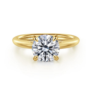 Gabriel & Co. ER16132R8Y4JJJ 14 karat yellow gold Classic engagement ring, front view of a round center held by teardrop tipped prongs on a smooth band