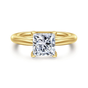 Gabriel & Co. ER16132S6Y4JJJ 14 karat yellow gold Classic engagement ring, front view of a square center held by flat topped prongs above a smooth band