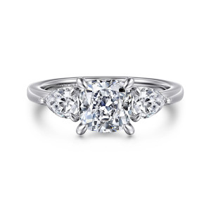 Gabriel & Co. ER16135C6W44JJ 14 karat white gold Contemporary engagement ring, front view of a cushion center held by four prongs beside pear stones pointing outward