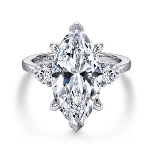 Gabriel & Co. ER16135M20W44JJ 14 karat white gold Contemporary engagement ring, front view of a marquise center with V shaped end tips and a pear stone each side