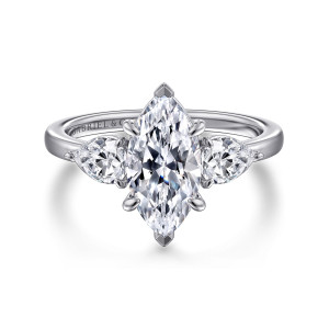 Gabriel & Co. ER16135M6W44JJ 14 karat white gold Contemporary engagement ring, front view of a marquise center with pear side stones pointing outward along the shoulders