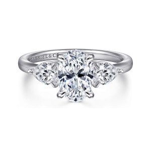 Gabriel & Co. ER16135O6W44JJ 14 karat white gold Contemporary engagement ring, front view of an oval center with a large pear shaped stone on each side pointing outward