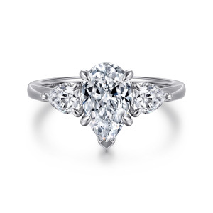Gabriel & Co. ER16135P6W44JJ 14 karat white gold Contemporary engagement ring, front view of the pear center with a V tip prong and a plump pear stone beside it