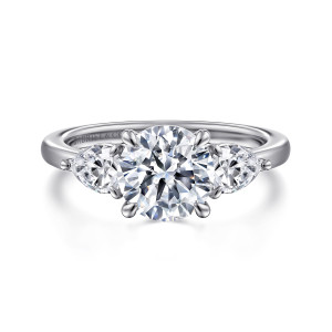 Gabriel & Co. ER16135R6W44JJ 14 karat white gold Contemporary engagement ring, front view of the round center touching a pear diamond on either side with points facing outward