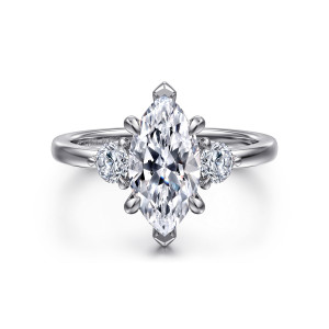Gabriel & Co. ER16136M6W44JJ 14 karat white gold Contemporary engagement ring, front view of a marquise center flanked by round diamonds with V shaped prongs at its tips