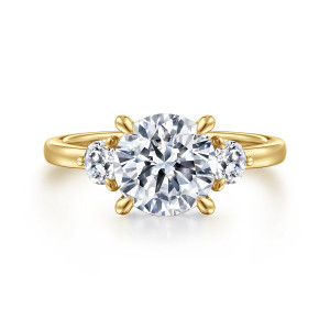 Gabriel & Co. ER16136R8Y44JJ 14 karat yellow gold Contemporary engagement ring, front view of a round center between two smaller round diamonds on a smooth band