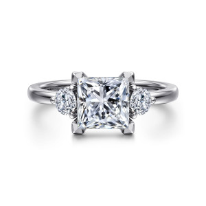 Gabriel & Co. ER16136S6W44JJ 14 karat white gold Contemporary engagement ring, front view of a princess cut center with a round stone at each side of the head
