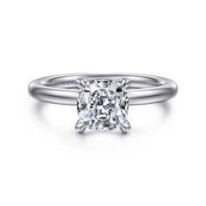 Gabriel & Co. ER16138C6W44JJ 14 karat white gold Classic engagement ring, front view of a cushion cut center in tapered prongs on a smooth rounded band