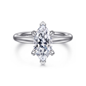 Gabriel & Co. ER16138M6W44JJ 14 karat white gold Classic engagement ring, front view of a marquise center with pointed tip prongs on a plain rounded band