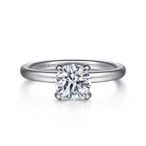 Gabriel & Co. ER16138R4W44JJ 14 karat white gold Classic engagement ring, front view of a round center in four rounded prongs on a smooth band