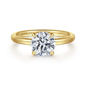 Gabriel & Co. ER16138R6Y44JJ 14 karat yellow gold Classic engagement ring, front view of a round center with four prongs on a smooth plain band