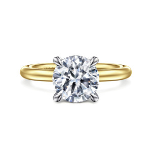 Gabriel & Co. ER16138R8M44JJ 14 karat white and yellow gold Classic engagement ring, front view of a round center in four tapered prongs on a smooth rounded band