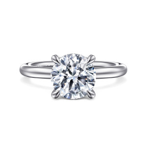 Gabriel & Co. ER16138R8W44JJ 14 karat white gold Classic engagement ring, front view of a round center on four teardrop tipped prongs above a plain rounded band
