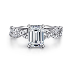 Gabriel & Co. ER16142E6W44JJ 14 karat white gold Contemporary engagement ring, front view of an emerald cut center held by four corner prongs between two crossing diamond strands