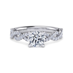 Gabriel & Co. ER16142R4W44JJ 14 karat white gold Contemporary engagement ring, front view of the round center flanked by interlaced diamond strands with a beaded edge