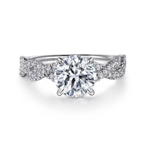 Gabriel & Co. ER16142R6W44JJ 14 karat white gold Contemporary engagement ring, front view of a round center in four prongs between braided diamond shoulders