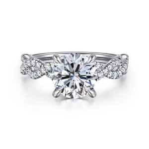 Gabriel & Co. ER16142R8W44JJ 14 karat white gold Contemporary engagement ring, front view of a round center flanked by woven diamond strands crossing on each shoulder