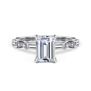 Gabriel & Co. ER16148E6W44JJ 14 karat white gold Art Deco engagement ring, front view of an emerald cut center between baguette stones, held by rounded prong tips