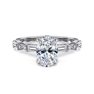 Gabriel & Co. ER16148O6W44JJ 14 karat white gold Art Deco engagement ring, front view of an oval center flanked by baguette stones and small round diamonds