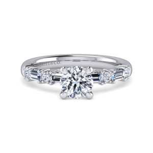 Gabriel & Co. ER16155R4W44JJ 14 karat white gold Contemporary engagement ring, front view of a round center flanked by baguettes and small round diamonds in an alternating row