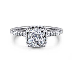 Gabriel & Co. ER16158C6W44JJ 14 karat white gold Classic engagement ring, front view of a cushion cut center framed by small diamonds with a claw prong at each corner