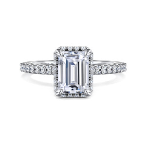 Gabriel & Co. ER16158E6W44JJ 14 karat white gold Classic engagement ring, front view of an emerald cut center inside a rectangular halo of small stones with corner prongs