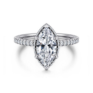 Gabriel & Co. ER16158M6W44JJ 14 karat white gold Classic engagement ring, front view of a marquise center inside a beaded pointed frame and claws on the long sides