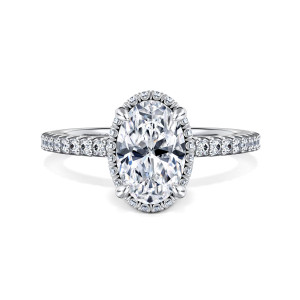 Gabriel & Co. ER16158O6W44JJ 14 karat white gold Classic engagement ring, front view of an oval center inside a close ring of small diamonds and four prongs