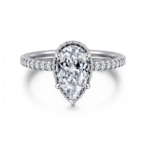 Gabriel & Co. ER16158P6W44JJ 14 karat white gold Classic engagement ring, front view of a pear shaped center outlined by small diamonds with a V shaped point guard