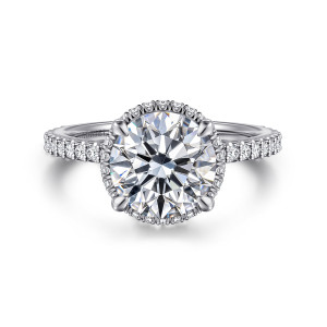 Gabriel & Co. ER16158R10W44JJ 14 karat white gold Classic engagement ring, front view of a round center with four rounded prongs and a fine rim of small diamonds
