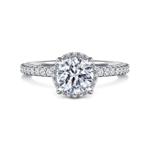 Gabriel & Co. ER16158R4W44JJ 14 karat white gold Classic engagement ring, front view of a round center ringed closely by small diamonds with teardrop tipped prongs