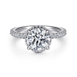 Gabriel & Co. ER16158R6PT4JJ platinum Classic engagement ring, front view of a round center in tapered prongs with a scalloped diamond edge beneath it