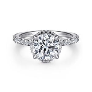 Gabriel & Co. ER16158R6W44JJ 14 karat white gold Classic engagement ring, front view of a round center with a beaded rim of tiny stones peeking out around its edge